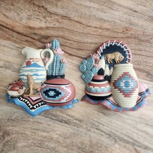 Vintage Set of 2 - 90s Southwestern Plastic Wall Plates Plaques Decor